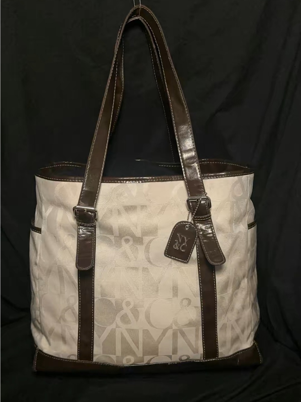New York & Company Cream and Brown Logo-Print Tote